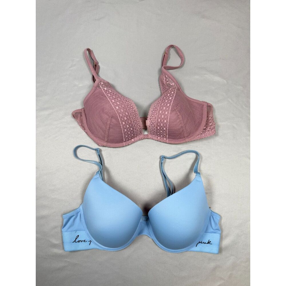 Lot of 2 Victoria's Secret & PINK Bras Mauve Lace Plunge & Blue Logo Band 36B